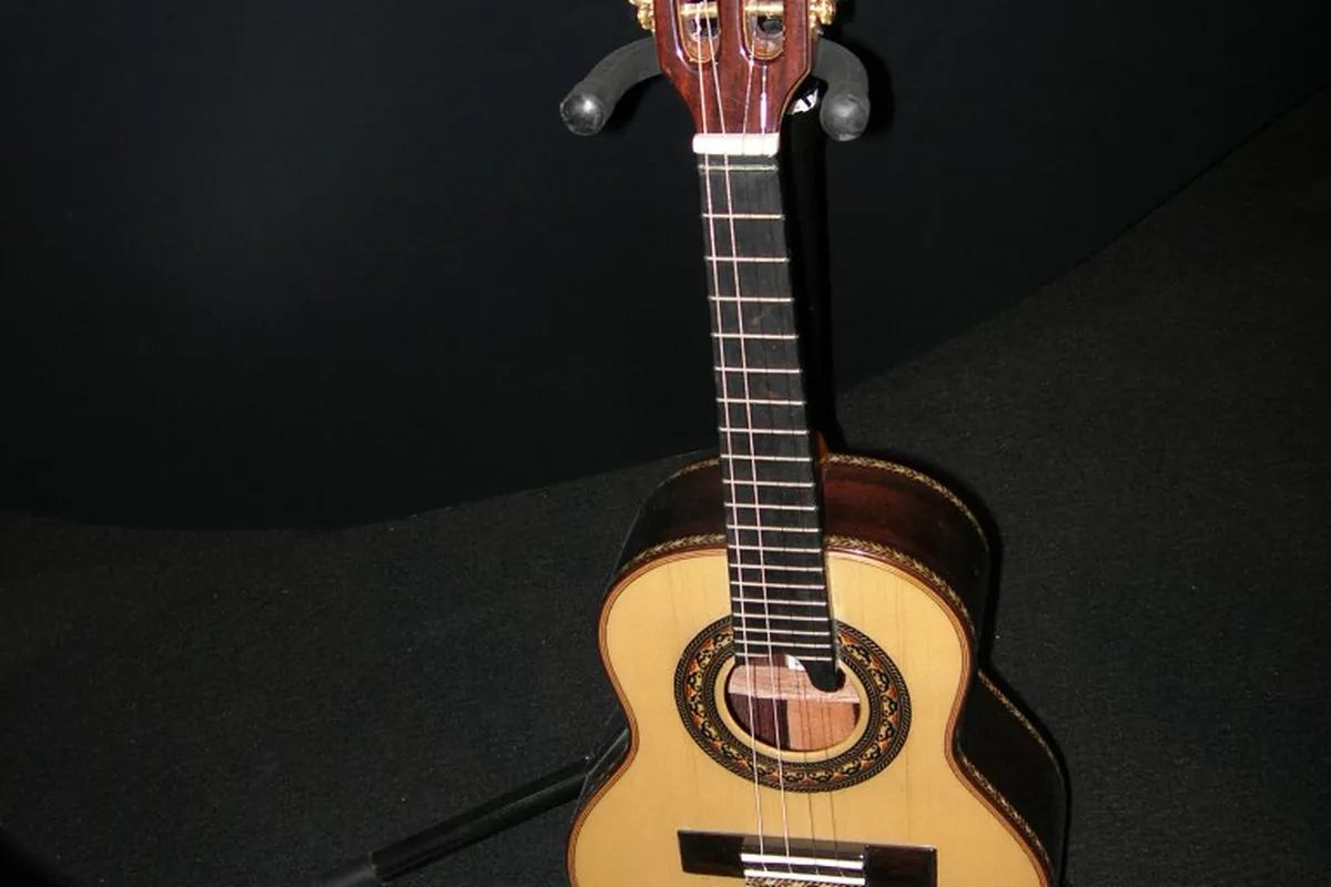 A small cavaquinho with four strings and a light wooden body standing upright in a museum display